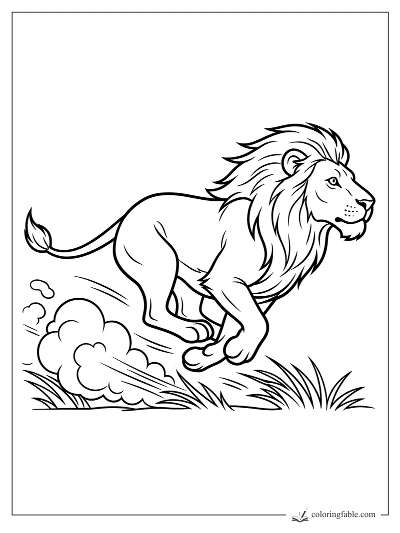 Cartoon lion running through grass with a flowing mane, dust cloud, and raised paws