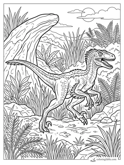 Feathered raptor dinosaur running through ferns under a fallen tree with sun and clouds