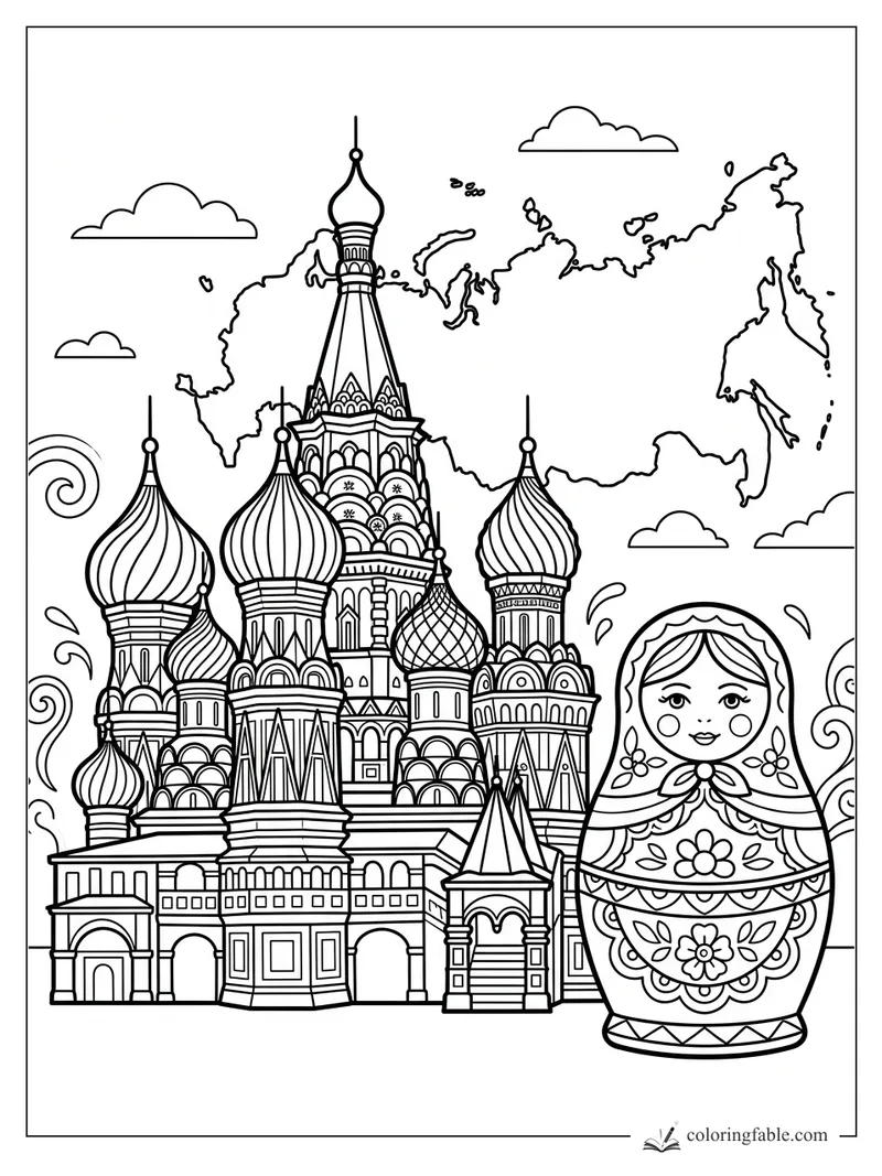 Russia coloring page with map outline, St. Basil’s onion domes, clouds, and a matryoshka doll.