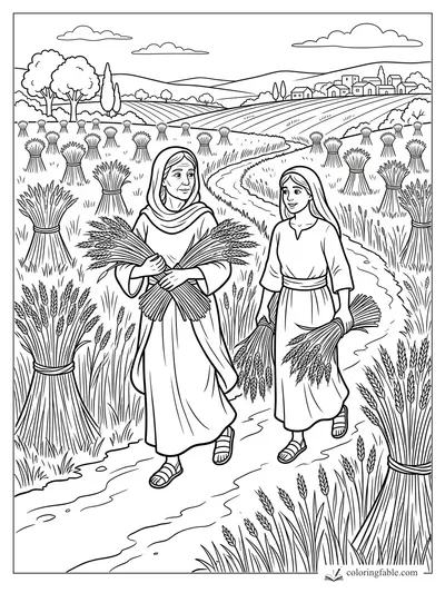 Ruth and Naomi walking with wheat sheaves along a winding field path near a village