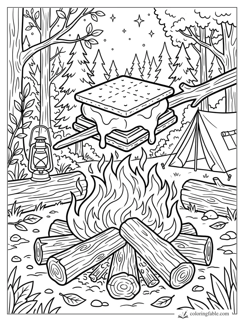 S’more on a roasting stick above a campfire with tent, lantern, logs, pine trees, and stars
