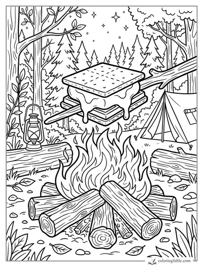 S’more on a roasting stick above a campfire with tent, lantern, logs, pine trees, and stars