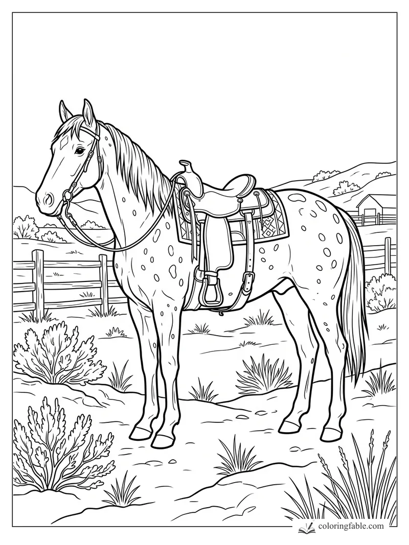 Realistic saddled Appaloosa horse with spotted coat, bridle, desert shrubs, ranch fence, hills, and barn