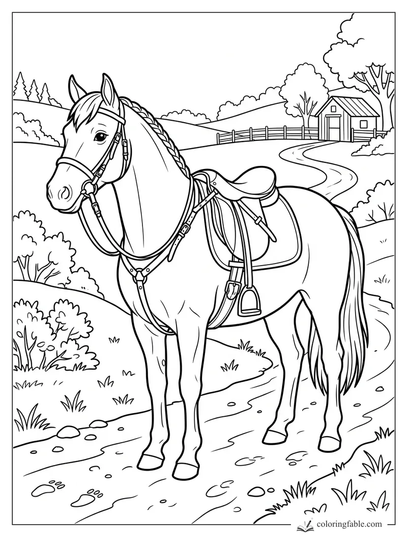 Saddled pony with braided mane standing on a winding farm path near a fence and small barn.