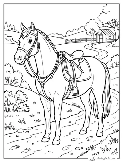 Saddled pony with braided mane standing on a winding farm path near a fence and small barn.
