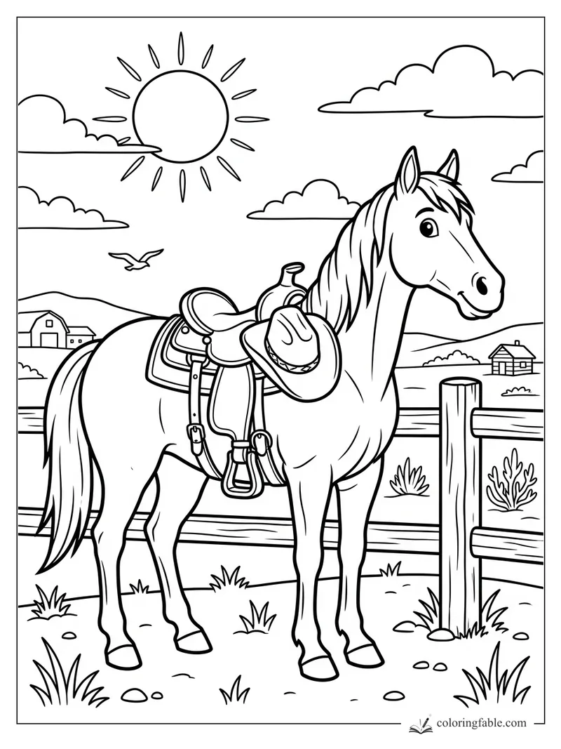 Cartoon saddled horse with cowboy hat, fence posts, ranch houses, sun, clouds, and flying bird.