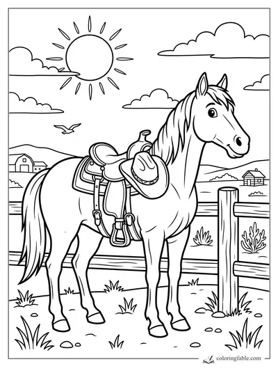 Cartoon saddled horse with cowboy hat, fence posts, ranch houses, sun, clouds, and flying bird.