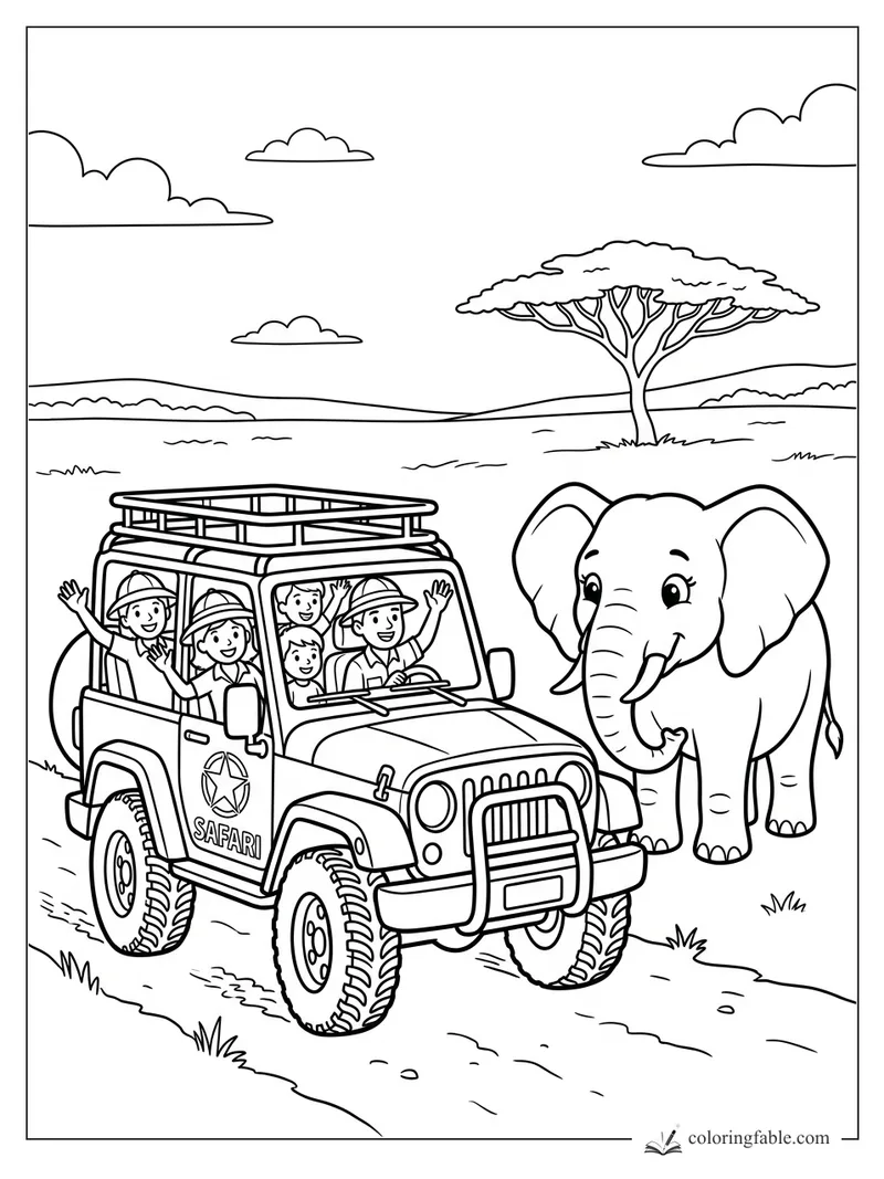 Cartoon safari jeep with waving kids beside a smiling elephant on the savanna