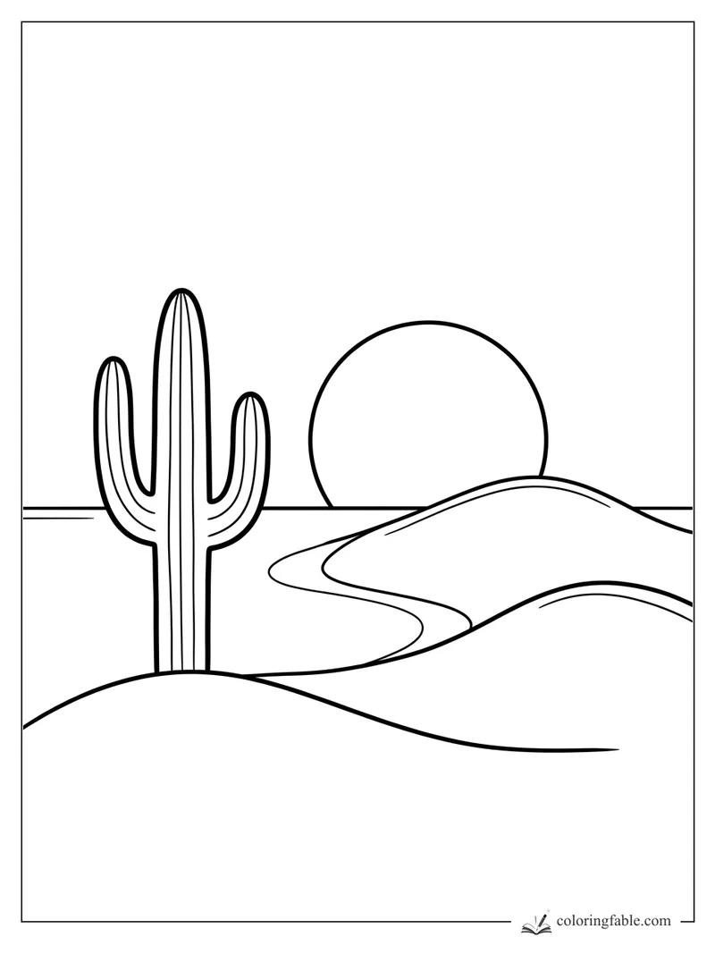 Minimalist desert coloring page with tall saguaro cactus, rolling dunes, winding path, and low sun.