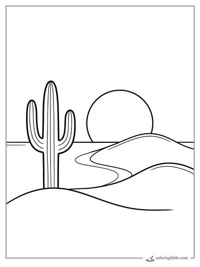 Minimalist desert coloring page with tall saguaro cactus, rolling dunes, winding path, and low sun.