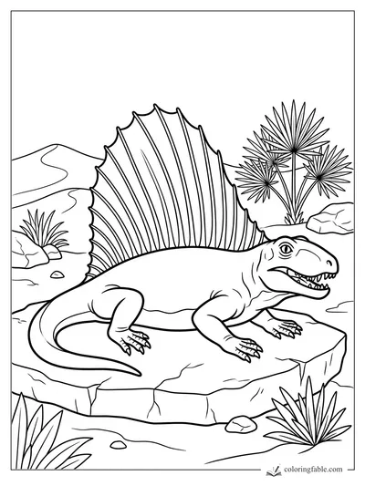 Spinosaurus-like dinosaur with a tall striped sail, sharp teeth, rocks, palms, and desert hills coloring page