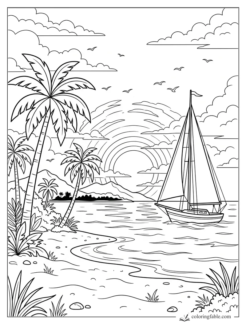 Tropical beach coloring page with sailboat, palm trees, sunset, clouds, birds, and curving shoreline