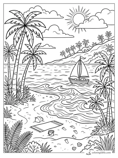 Tropical beach coloring page with sailboat, palm trees, waves, sun, towel, bucket, shells, and footprints.