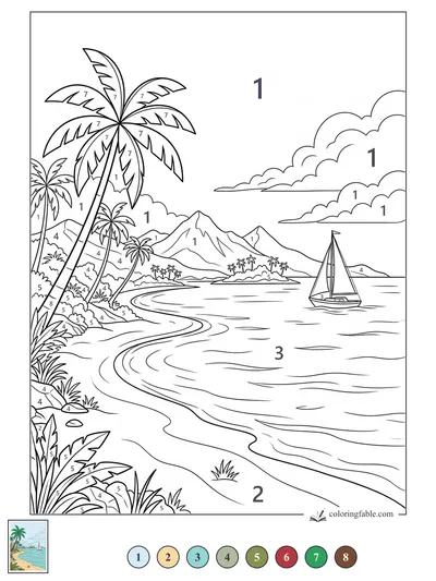 Sailboat Cove with Palms and Mountains — color by number