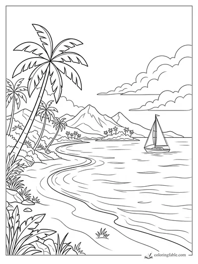 Tropical cove coloring page with leaning palm trees, mountains, clouds, island palms, and a small sailboat.