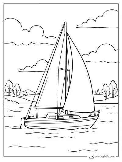 Sailboat with tall sails on a lake, with puffy clouds, rolling shore, and small summer trees.
