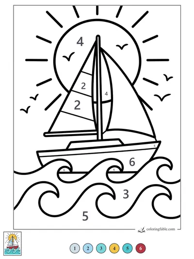 Sailboat Under a Big Vacation Sun — color by number