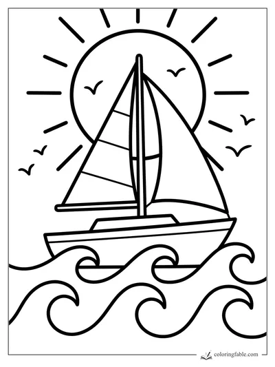 Easy coloring page of a sailboat on waves with a large sun, rays, and flying seagulls.
