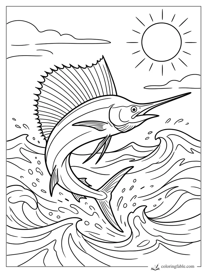 Realistic sailfish jumping from curling ocean waves under a bright sun and long clouds.
