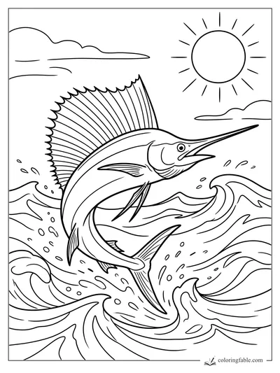 Realistic sailfish jumping from curling ocean waves under a bright sun and long clouds.