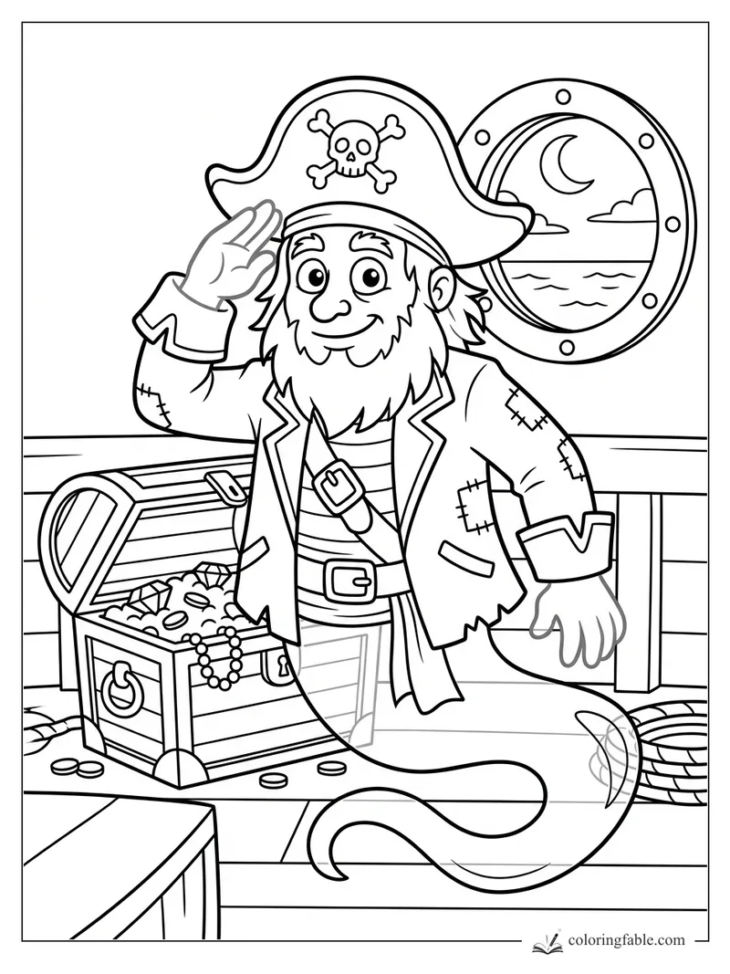 Cartoon pirate ghost saluting beside an open treasure chest on a ship deck under a moonlit porthole