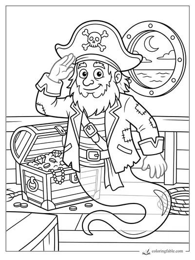 Cartoon pirate ghost saluting beside an open treasure chest on a ship deck under a moonlit porthole