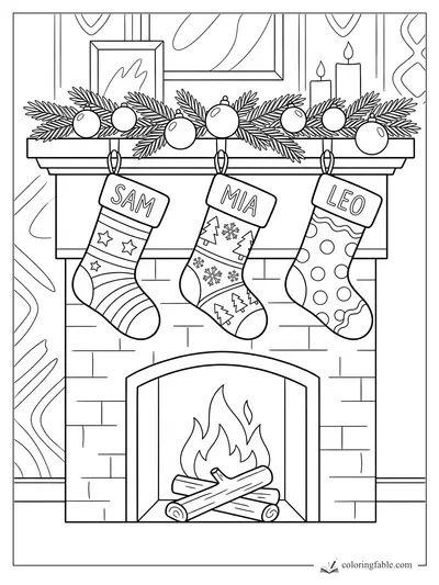 Three named Christmas stockings hang from a garlanded mantel above a fire with candles and ornaments.