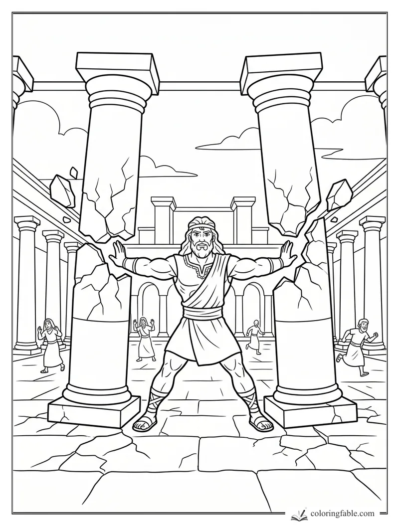 Cartoon Samson pushing cracked temple columns as people run through a stone courtyard