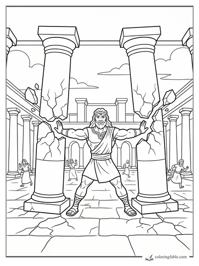 Cartoon Samson pushing cracked temple columns as people run through a stone courtyard