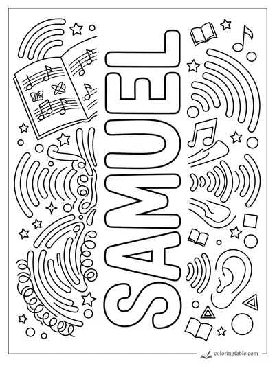 Name Samuel with music notes, open books, stars, an ear, and curved sound waves to color