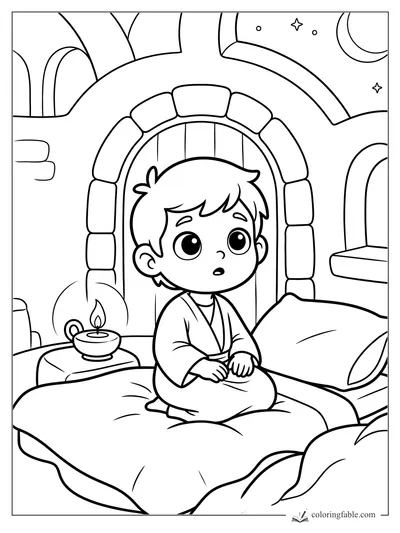 Kawaii young Samuel sits on a bed by an oil lamp, arched stone doorway, window, moon, and stars.