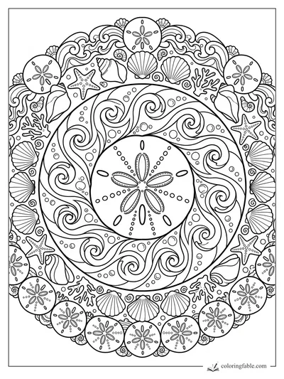 Intricate summer mandala with sand dollars, seashells, starfish, coral, bubbles, and curling ocean waves.