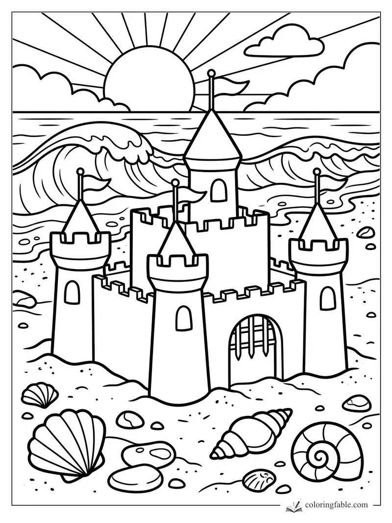 Easy coloring page of a sandcastle with flags, seashells, ocean waves, clouds, and a rising sun.