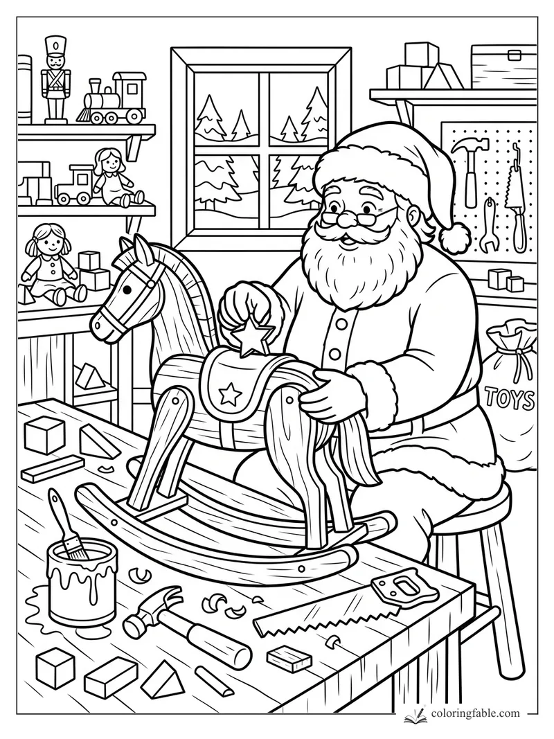 Santa placing a star on a wooden rocking horse in a toy workshop with shelves, tools, and snowy window