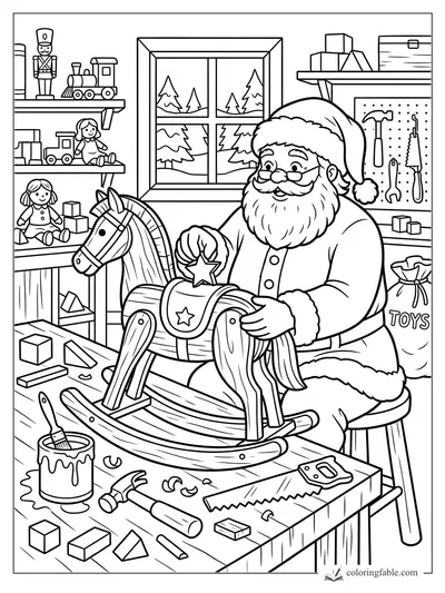 Santa placing a star on a wooden rocking horse in a toy workshop with shelves, tools, and snowy window