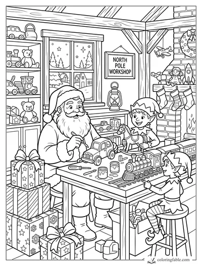 Santa and two elves paint toy cars, trains, and a rocking horse in the North Pole workshop.