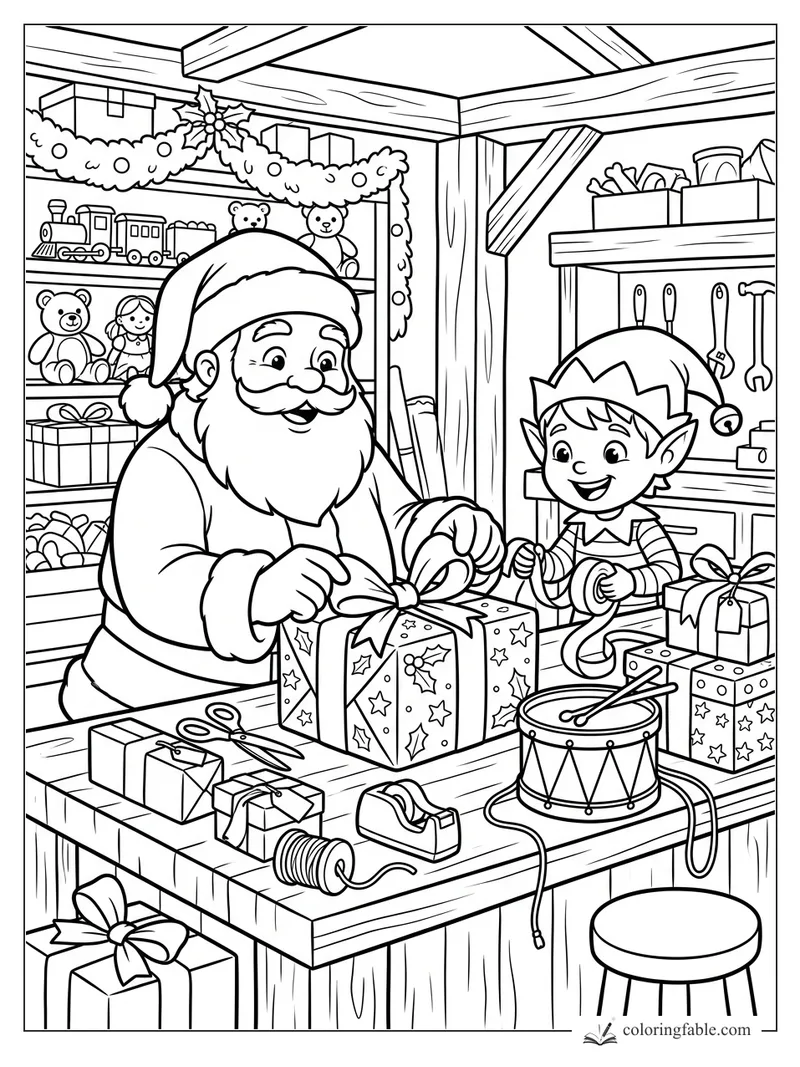 Santa and a smiling elf wrap starry presents at a toy workshop table with drum, scissors, garland, and shelves.