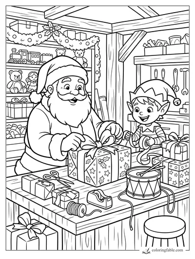 Santa and a smiling elf wrap starry presents at a toy workshop table with drum, scissors, garland, and shelves.