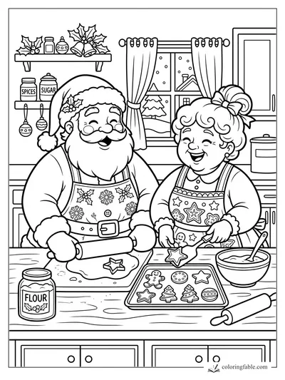 Cartoon Santa and Mrs. Claus baking Christmas cookies in a snowy kitchen