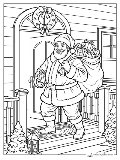 Santa carrying a sack of gifts at an open front door with a wreath, porch railing, lantern, and snow.