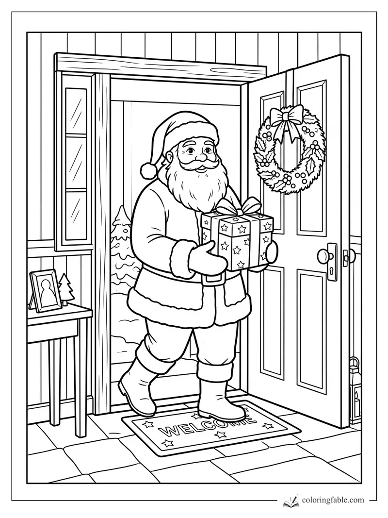 Santa holding a star-covered present in an open doorway with a wreath, welcome mat, and snowy tree outside
