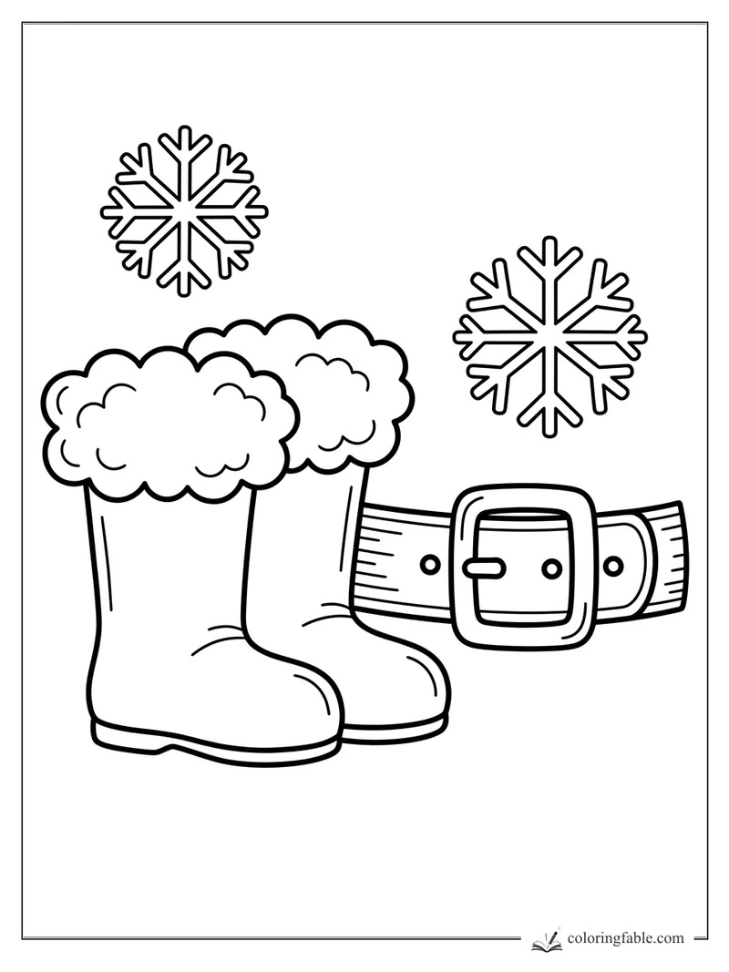 Minimalist Santa boots with fluffy cuffs, a wide buckle belt, and two snowflakes