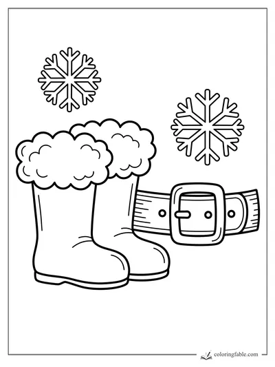 Minimalist Santa boots with fluffy cuffs, a wide buckle belt, and two snowflakes