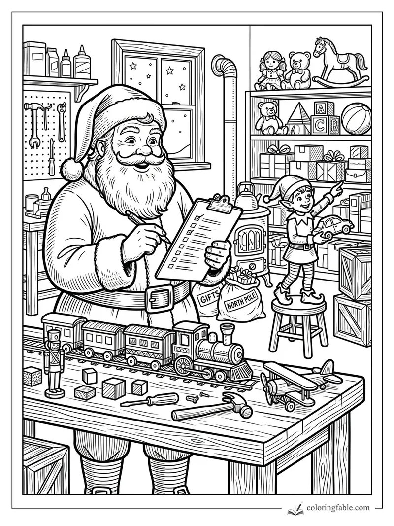 Engraving-style Santa checks a clipboard beside toy train, elf, shelves, tools, and North Pole gift sacks.
