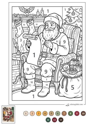 Santa Checks His List by the Fireplace — color by number