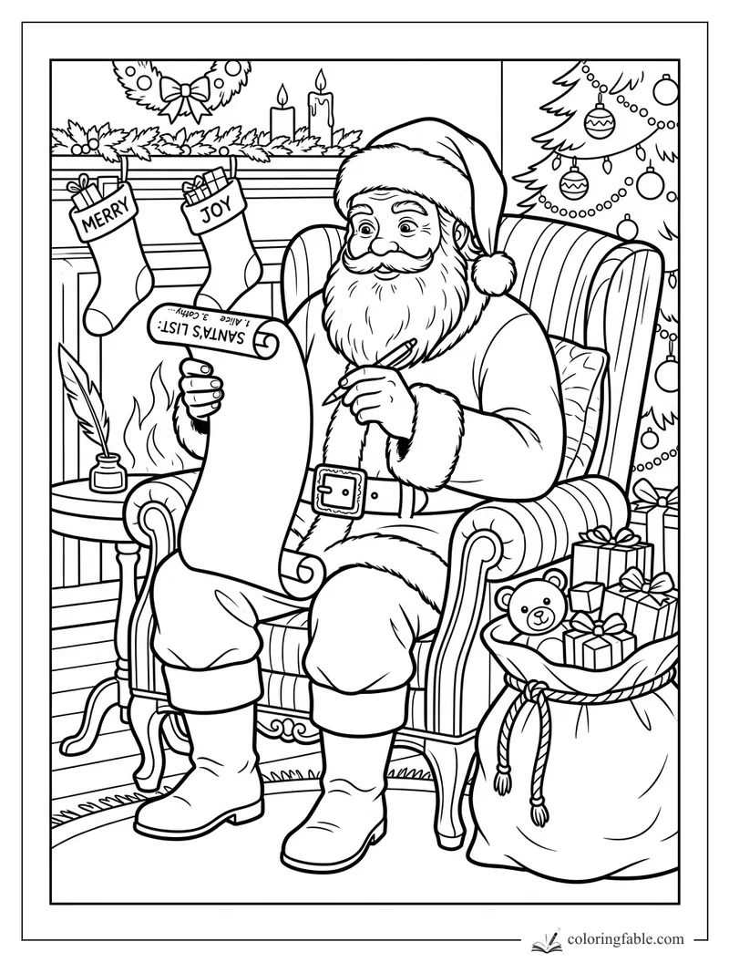 Santa in an armchair checking a long list beside stockings, gifts, candles, and a Christmas tree.