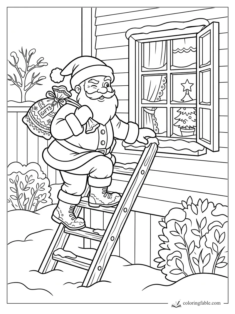 Cartoon Santa on a ladder with a gift sack beside an open snowy window and Christmas tree