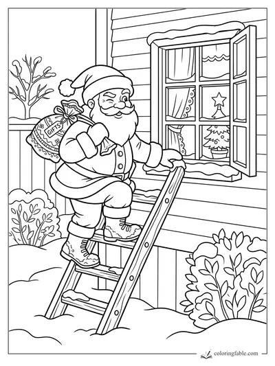 Cartoon Santa on a ladder with a gift sack beside an open snowy window and Christmas tree