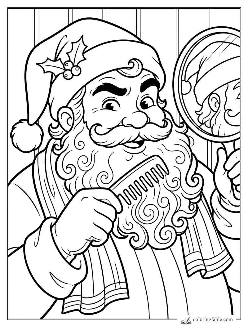 Cartoon Santa combs his curly beard while checking an oval mirror, with holly on his hat.