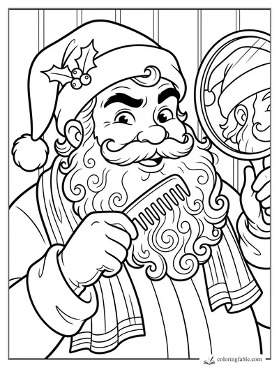 Cartoon Santa combs his curly beard while checking an oval mirror, with holly on his hat.